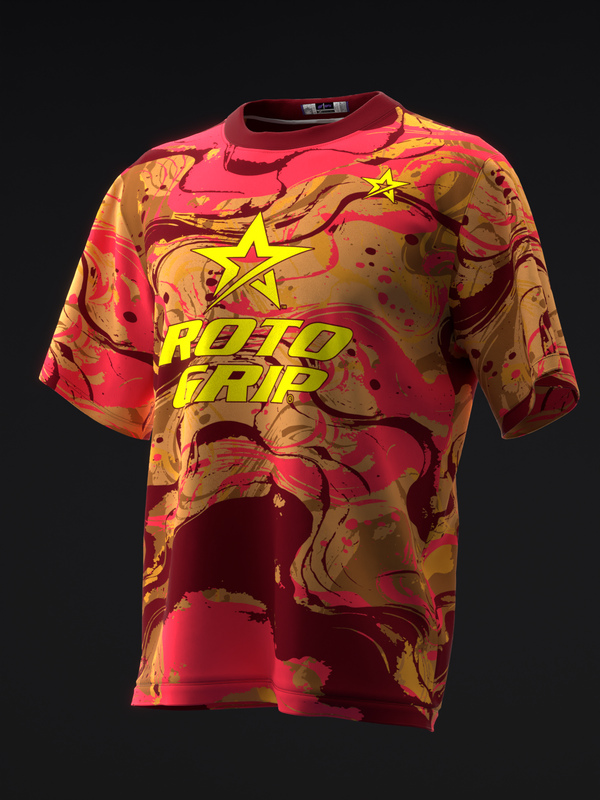 Front view of red and gold swirled bowling jersey with yellow Roto Grip text and star