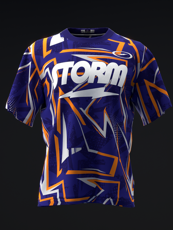 Navy bowling jersey with orange and white geometric lightning bolt pattern, front view