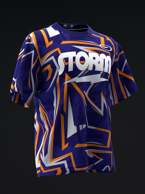 Navy bowling jersey with orange and white geometric pattern and Storm logo
