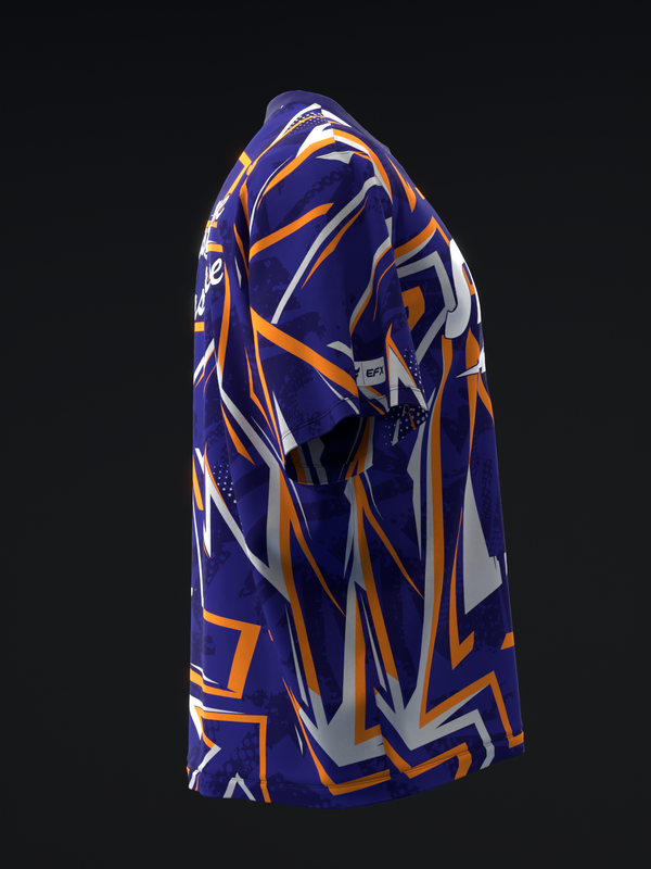 Navy bowling jersey with orange and white geometric stripe pattern, side view