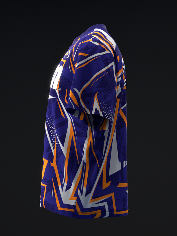 Navy bowling jersey with orange, white, and gray abstract geometric pattern, side view