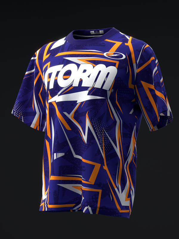 Storm bowling jersey in navy with orange, white, and gray geometric lightning bolt pattern