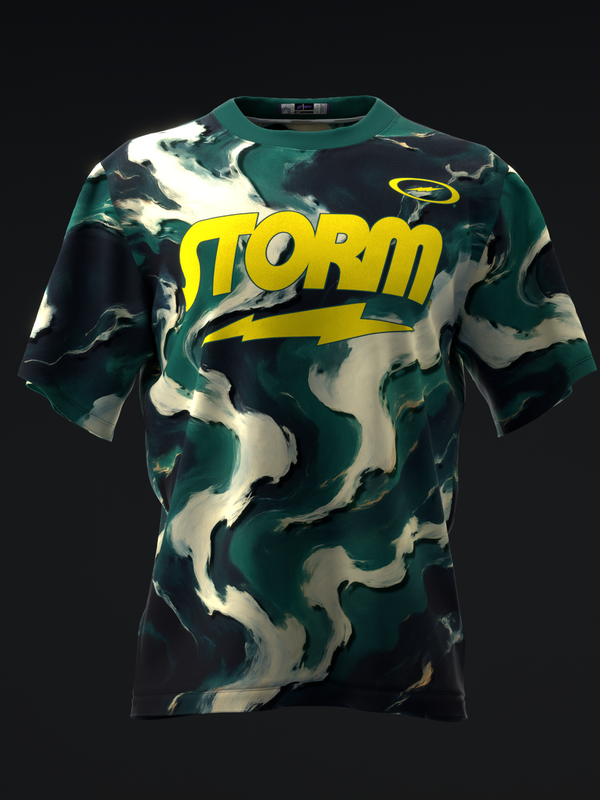 Front view of teal and cream camouflage bowling jersey with yellow Storm text and lightning bolt graphic