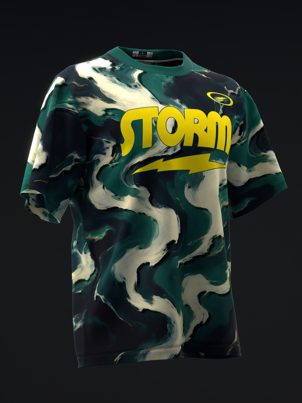 Front view of teal and cream camo bowling jersey with yellow Storm text and lightning bolt graphic