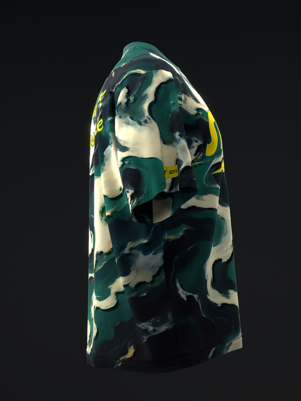Bowling jersey in teal, cream, and black with abstract camo pattern, side view