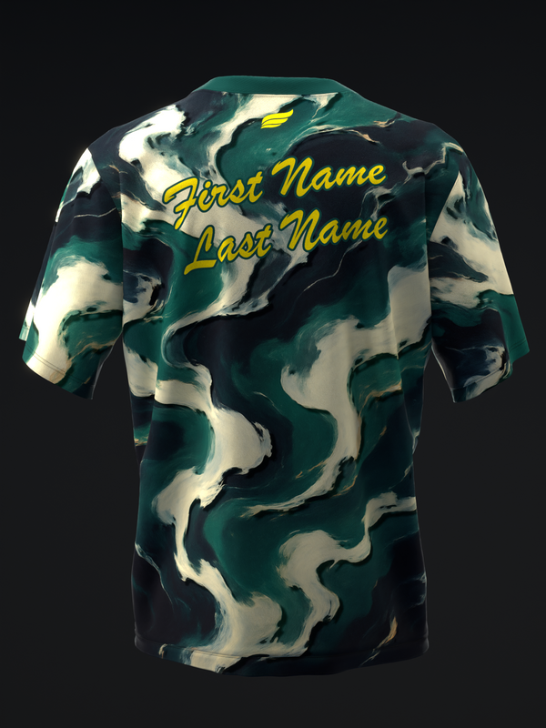 Bowling jersey back view with teal and cream abstract pattern and yellow name text