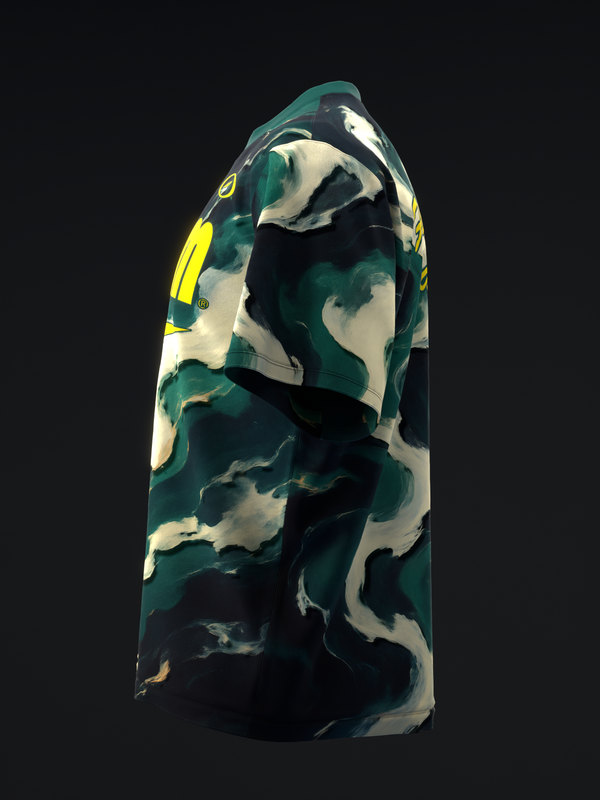 Bowling jersey with teal, cream, and black camouflage pattern, yellow accent stripe