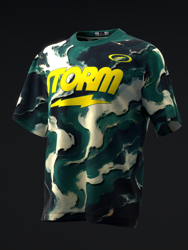 Teal and cream camouflage bowling jersey with yellow Storm graphic front view