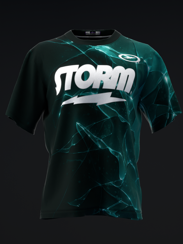 Dark teal bowling jersey with white Storm logo and lightning bolt graphic design