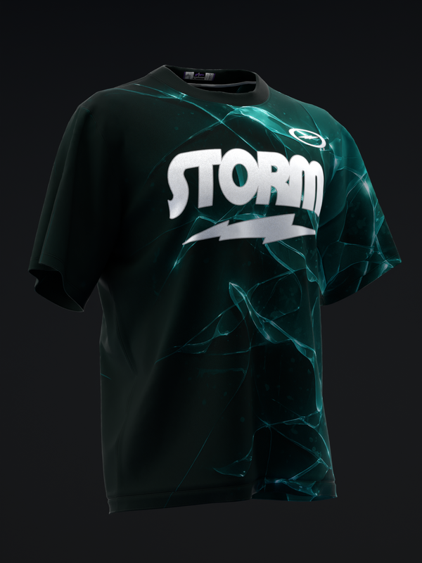 Black bowling jersey with white Storm text and turquoise lightning bolt design, front view