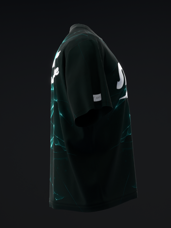 Black bowling jersey with white and teal geometric line design, back view