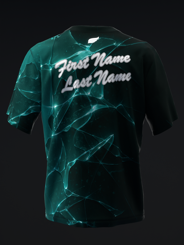Black and teal bowling jersey with glowing geometric pattern and personalized name text