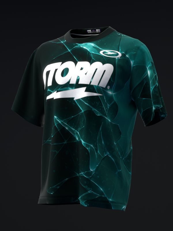 Black and teal bowling jersey with Storm text and lightning graphic design