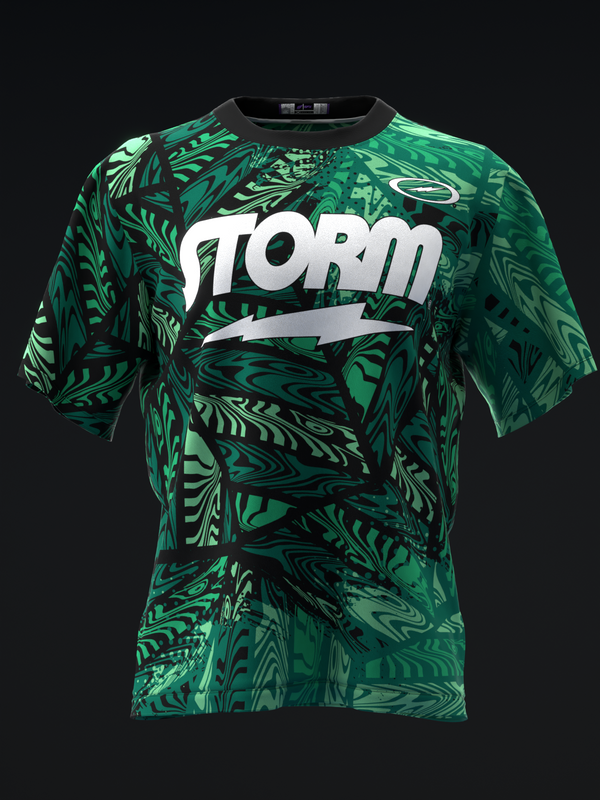Green and black abstract patterned bowling jersey with white Storm logo front view