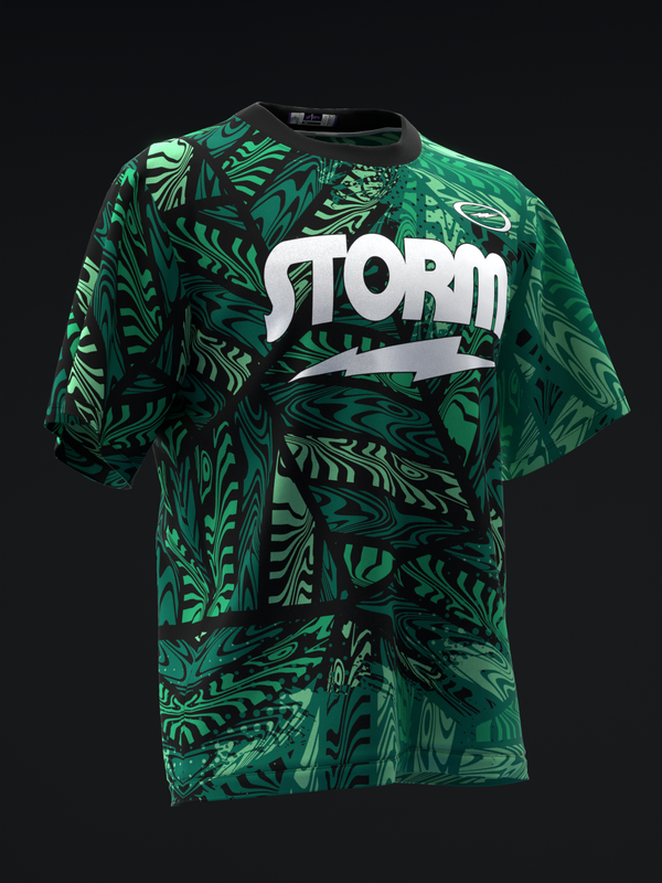 Green and black abstract patterned bowling jersey with white Storm logo