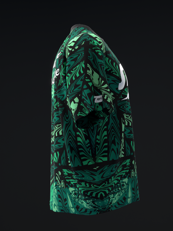 Green and black abstract patterned bowling jersey, side view with white accent stripe