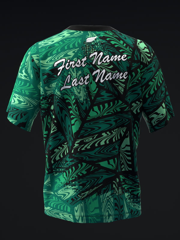Green bowling jersey with black abstract liquid pattern and personalized name text on back
