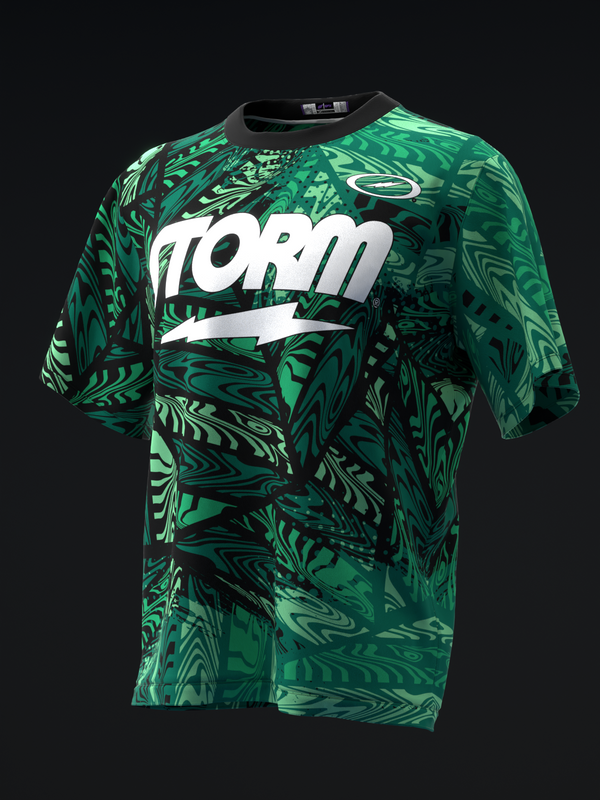 Green bowling jersey with abstract black and white swirl pattern and Storm logo front view