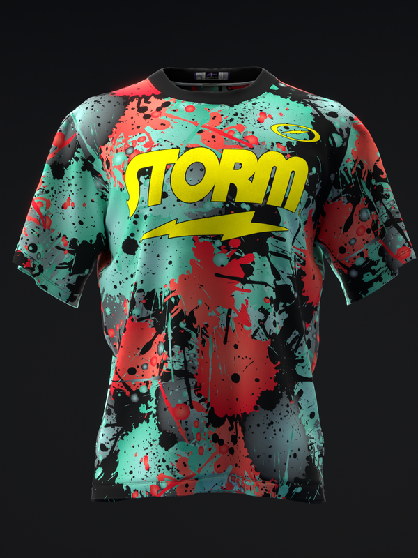 Storm bowling jersey with splatter paint design in turquoise, red, and black, front view