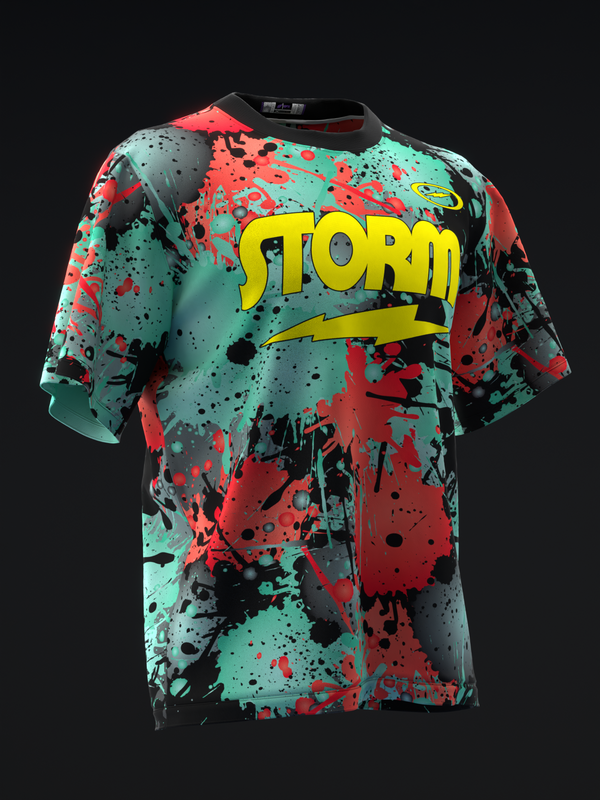 Bowling jersey with mint green and red splatter pattern, yellow Storm text