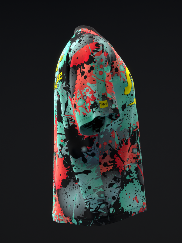 Bowling jersey with turquoise, red, yellow, and black paint splatter design, side view