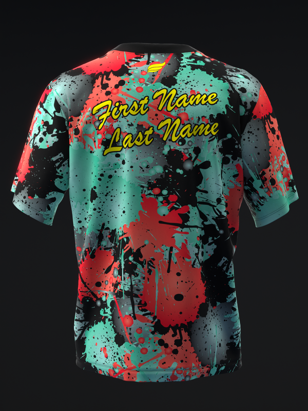 Bowling jersey with mint, red, and black splatter paint design and yellow name text
