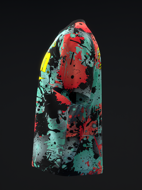 Bowling jersey with red, turquoise, black, and yellow paint splatter design