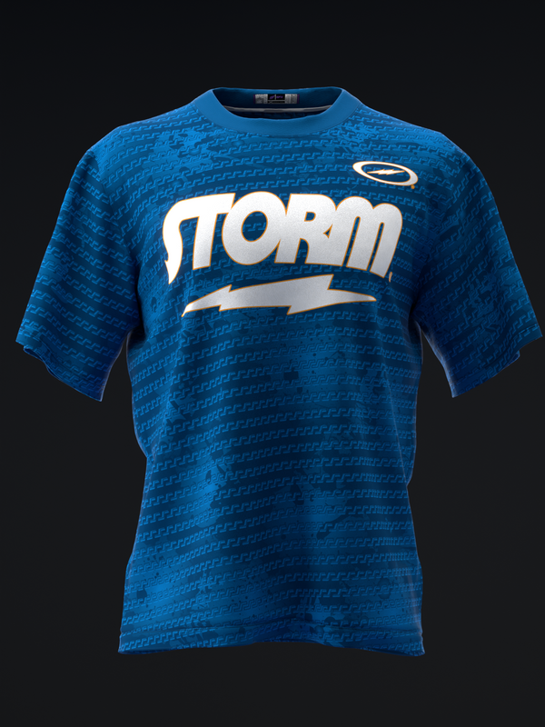 Blue bowling jersey with white Storm text and lightning bolt graphic on front