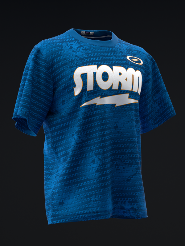 Blue bowling jersey with Storm logo and lightning bolt graphic, front view
