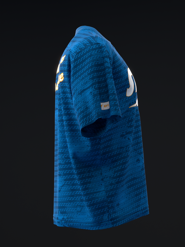 Blue bowling jersey with textured pattern and white shoulder graphic, side view