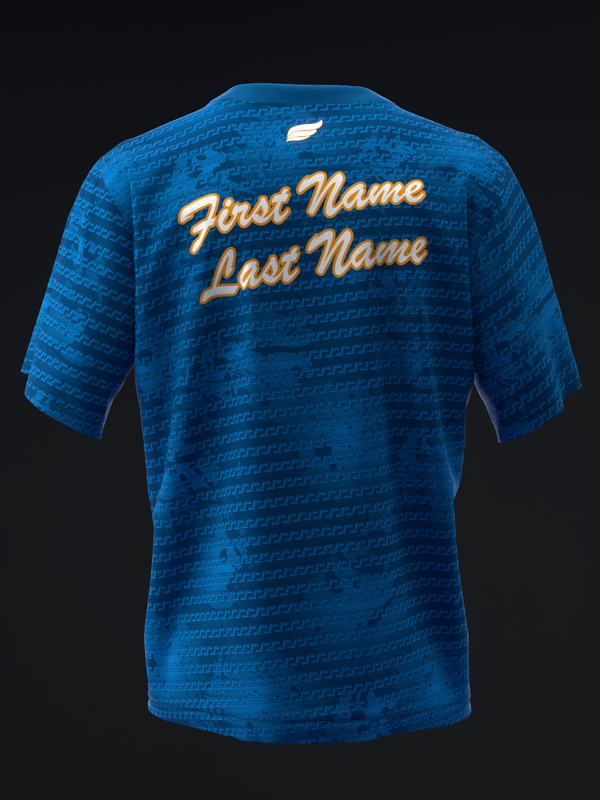 Blue bowling jersey with gold italic name text on back view