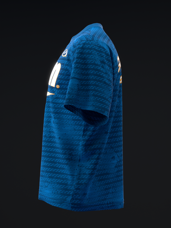 Blue bowling jersey with geometric pattern and white shoulder accents, side view