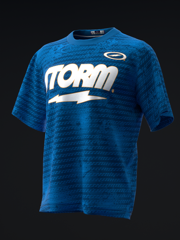Blue bowling jersey with Storm text and white lightning bolt graphic, front view
