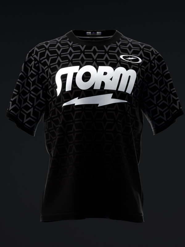 Black bowling jersey with geometric pattern sleeves and white Storm logo graphic front view