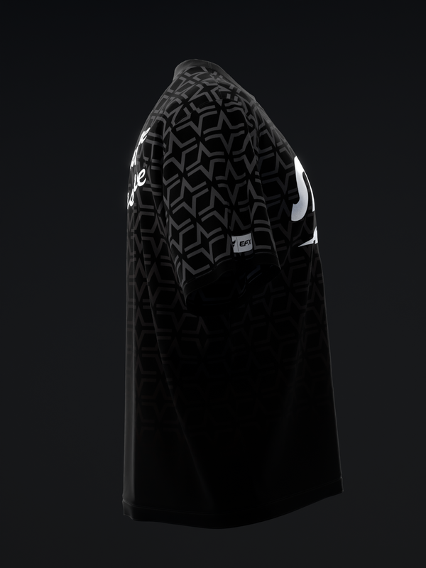 Black bowling jersey with geometric pattern on shoulders and white accent details