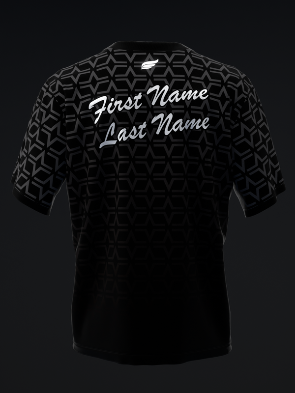Black bowling jersey with geometric pattern sleeves and personalized name text on back