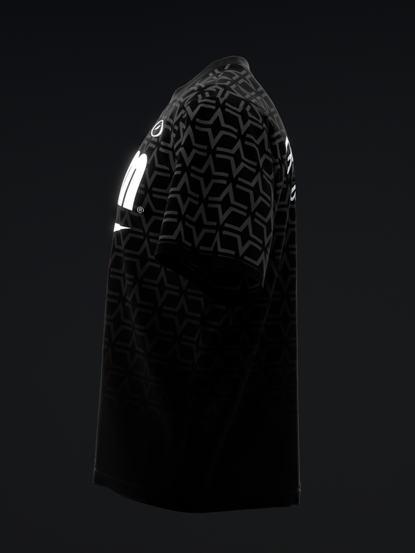 Black bowling jersey with geometric pattern and white shoulder stripe detail