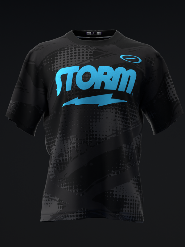 Black bowling jersey with blue Storm logo and dotted pattern design, front view