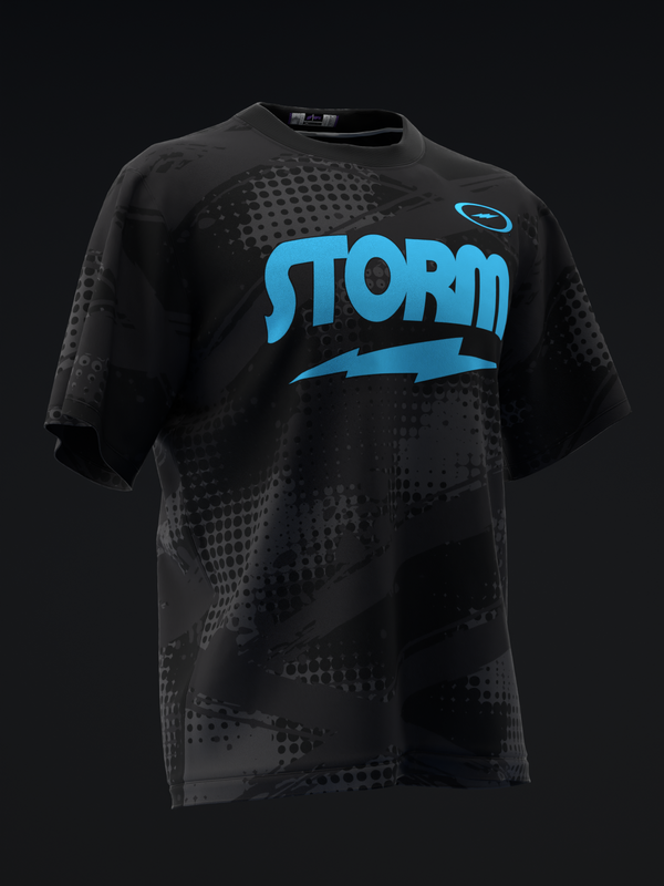 Black bowling jersey with blue Storm logo and dotted pattern design, front view