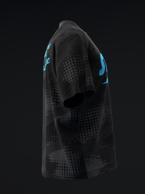 Black bowling jersey with blue graphic design and dotted pattern detail, side view