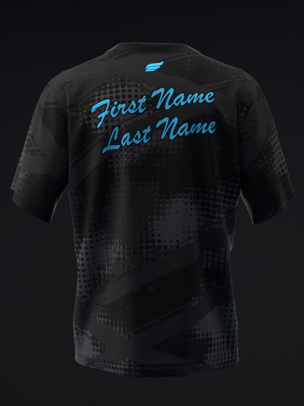 Black bowling jersey back view with blue script name and dot pattern design