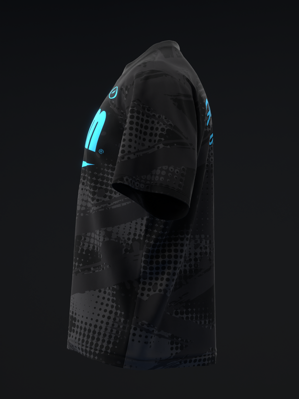 Black bowling jersey with cyan accents and geometric dot pattern, side view