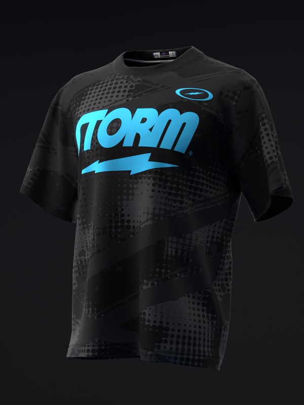 Black bowling jersey with cyan Storm logo and dotted pattern design, front view