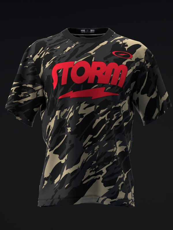 Black and tan camo bowling jersey with red Storm text and logo