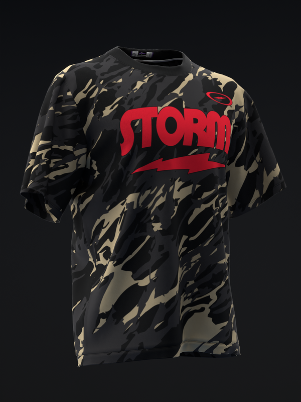 Black and tan camo bowling jersey with red Storm logo, front view