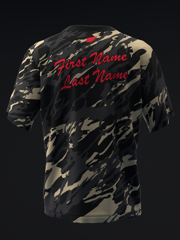 Black and tan camouflage bowling jersey with red personalized name text on back