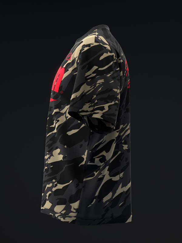 Black and tan camouflage bowling jersey with red shoulder stripe, side view
