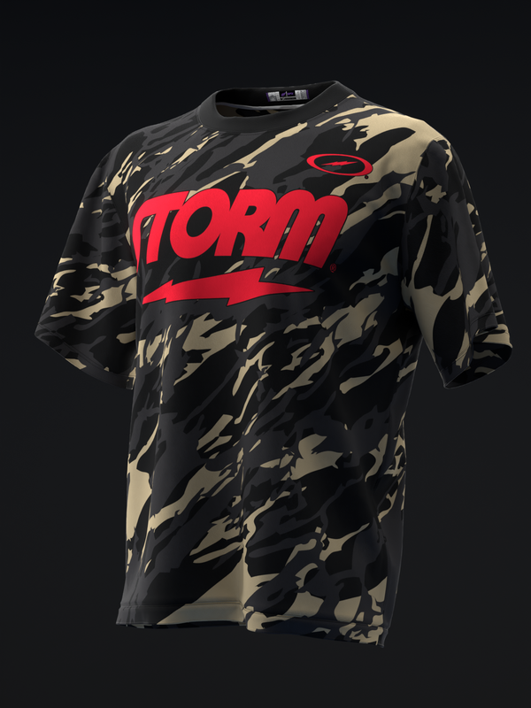 Black and tan camouflage bowling jersey with red Storm text logo
