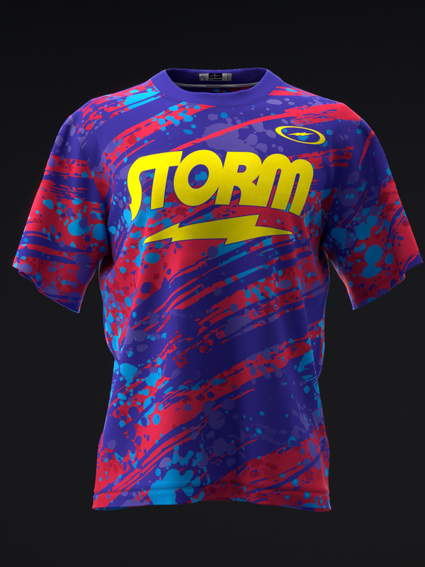 Purple and red bowling jersey with yellow Storm text and lightning bolt graphic, front view