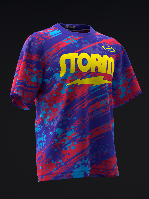Purple and red abstract splatter pattern bowling jersey with yellow Storm logo